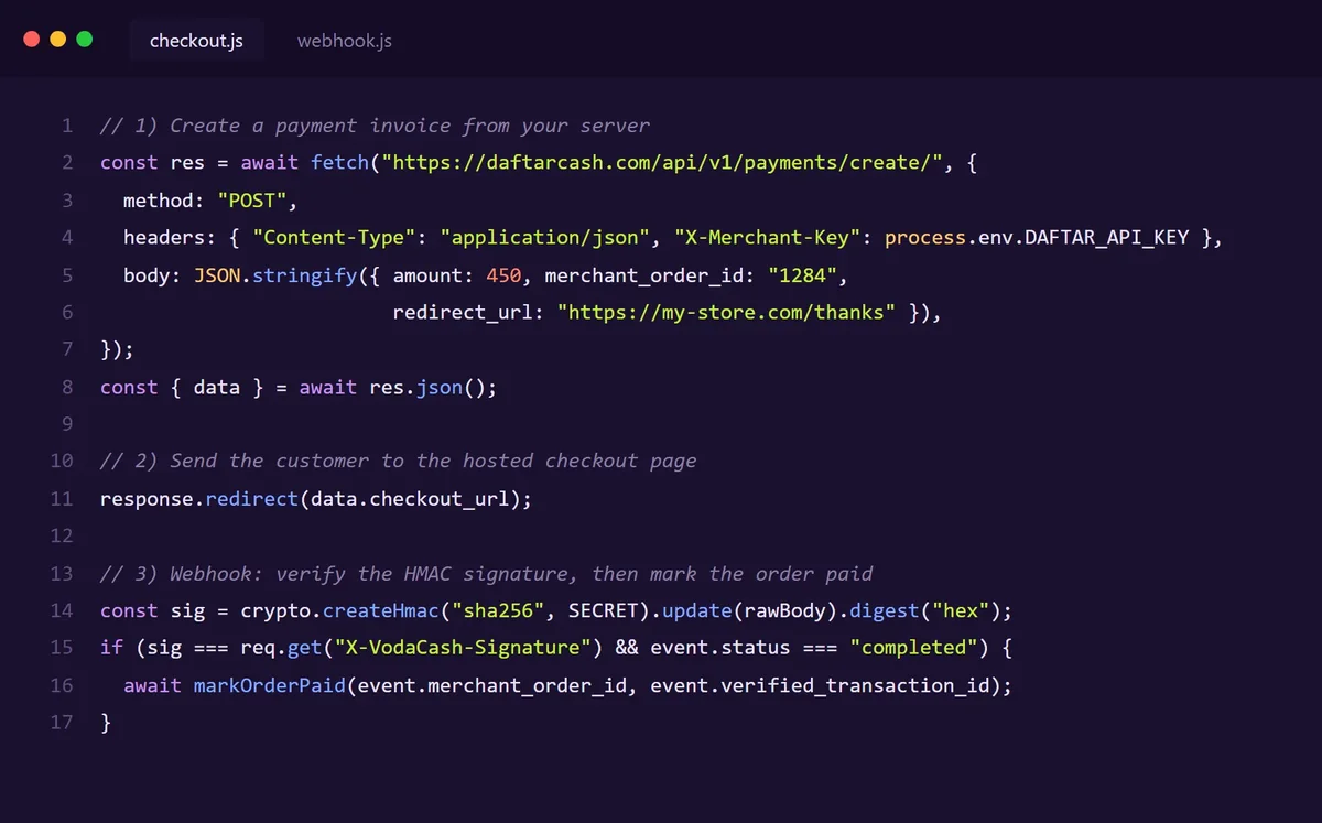 مثال كود: إنشاء فاتورة دفع بالـ API، تحويل العميل لصفحة الدفع، والتحقق من توقيع الـ Webhook