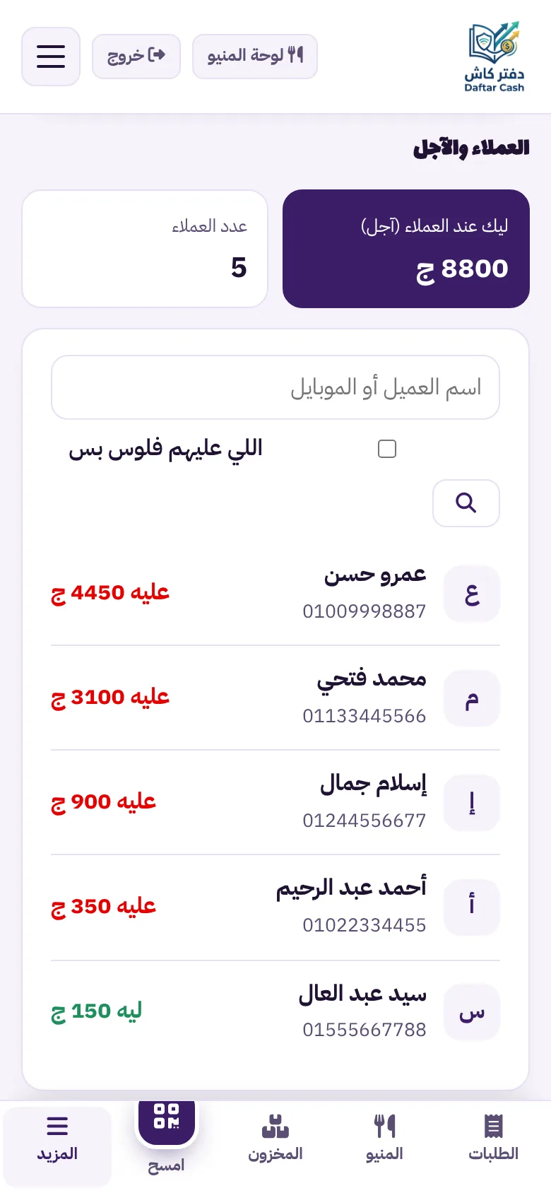 دفتر العملاء والآجل: إجمالي المستحق عند العملاء وقائمة العملاء والمبلغ على كل منهم
