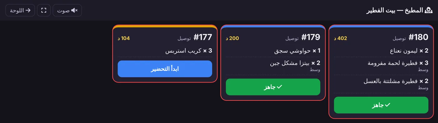 شاشة المطبخ الداكنة: كروت الطلبات بأرقامها وأصنافها والدقائق منذ وصولها وأزرار ابدأ التحضير وجاهز